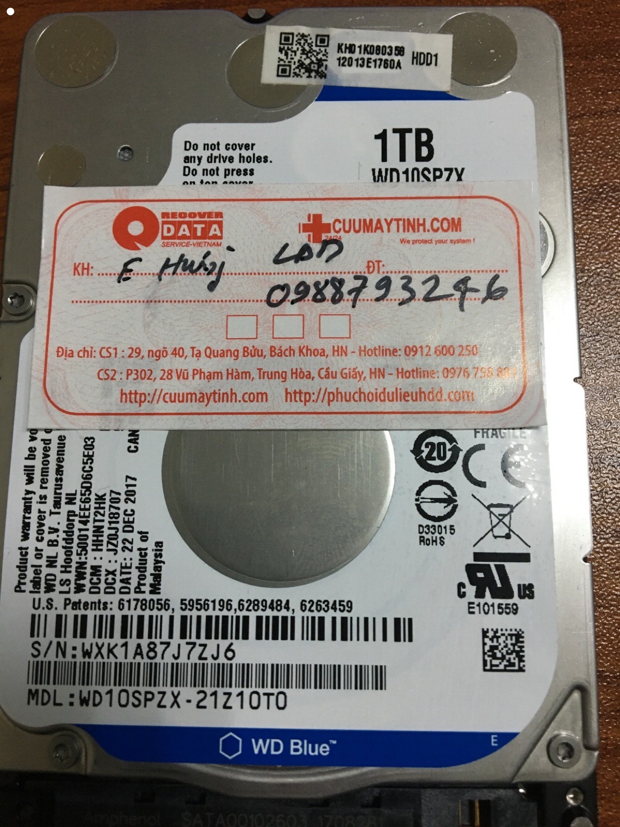Phục hồi dữ liệu ổ cứng Western 1TB lỗi đầu đọc 09/03/2020 - cuumaytinh