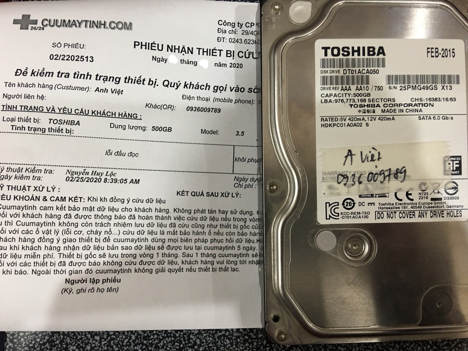 Cứu dữ liệu ổ cứng Toshiba 500GB lỗi đầu đọc 11/03/2020 - cuumaytinh