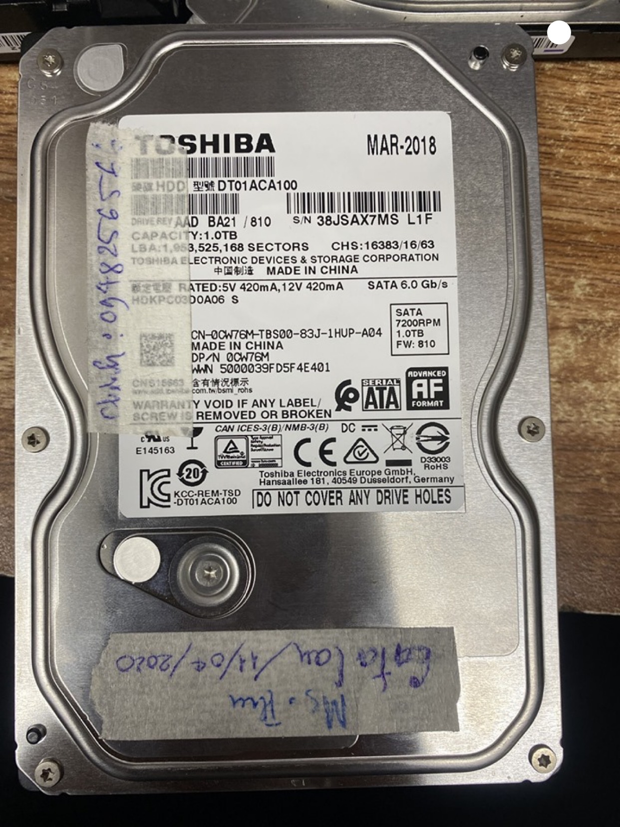 Cứu dữ liệu ổ cứng Toshiba 1TB lỗi cơ 28/04/2020 - cuumaytinh