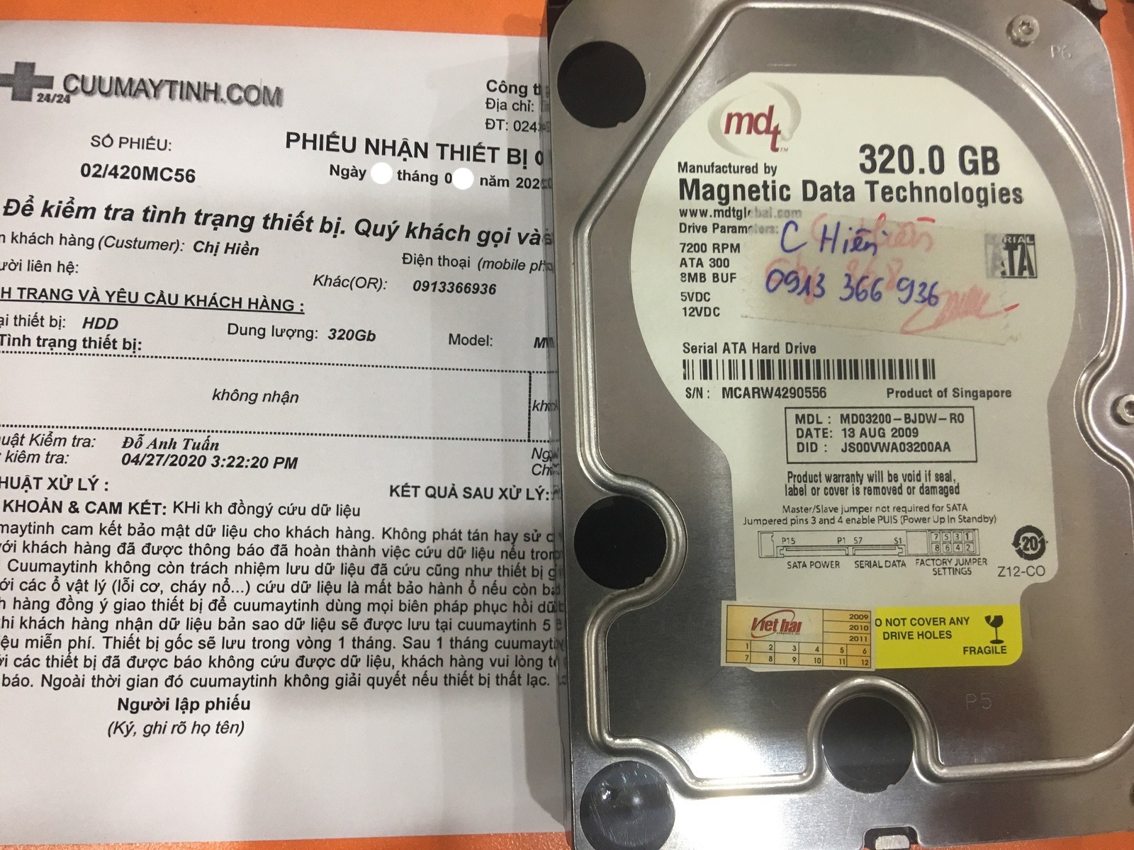Khôi phục dữ liệu ổ cứng MDT 320GB không nhận 07/05/2020 - cuumaytinh