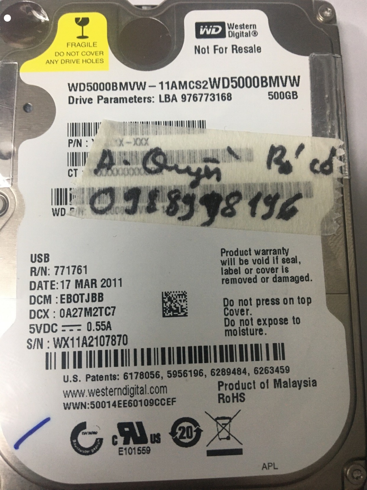 Cứu dữ liệu ổ cứng Western 500GB bó cơ 06/05/2020 - cuumaytinh