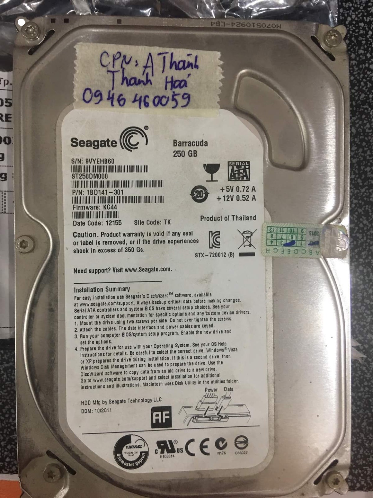 Khôi phục dữ liệu ổ cứng Seagate 250GB lỗi cơ tại Thanh Hóa 23/06/2020 - cuumaytinh