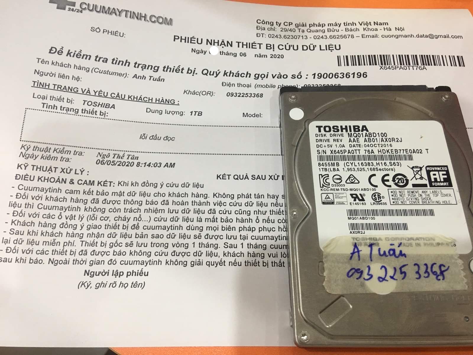 Khôi phục dữ liệu ổ cứng Toshiba 1TB lỗi đầu đọc 12/06/2020 - cuumaytinh