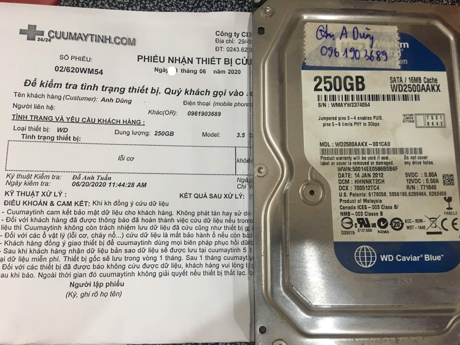 Khôi phục dữ liệu ổ cứng Western 250GB lỗi cơ 29/06/2020 - cuumaytinh