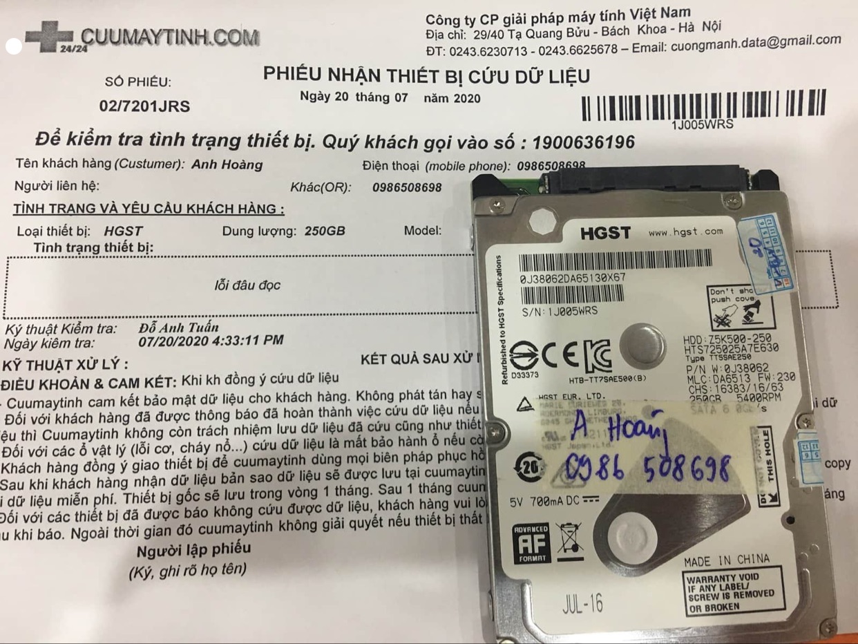 Lấy dữ liệu ổ cứng HGST 250GB lỗi đầu đọc 20/07/2020 - cuumaytinh
