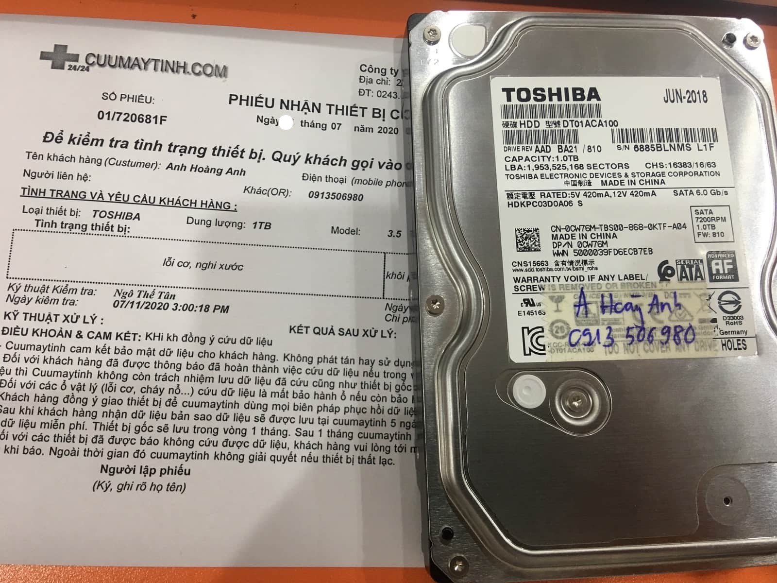 Phục hồi dữ liệu ổ cứng Toshiba 1TB lỗi cơ 23/07/2020 - cuumaytinh