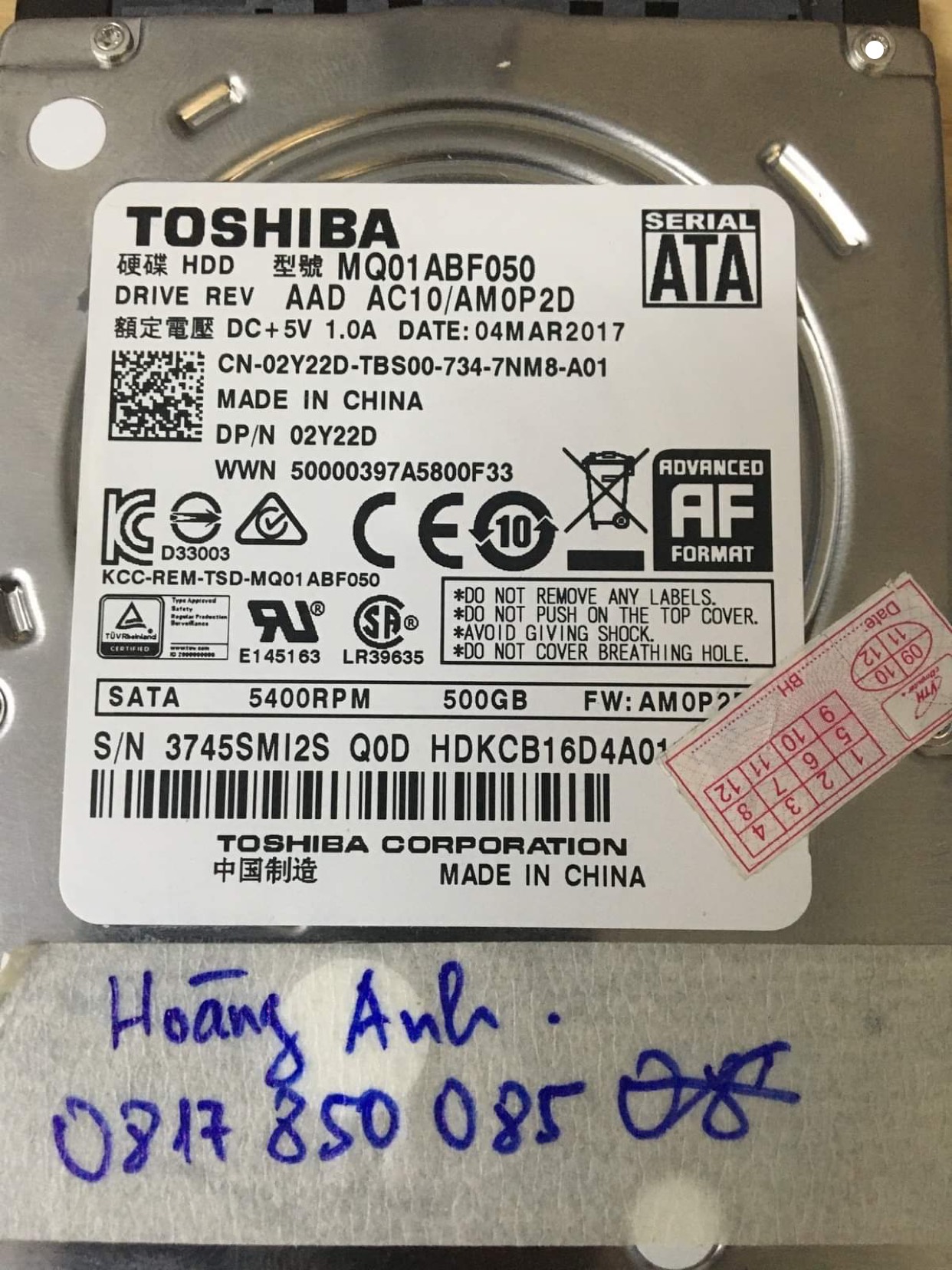 Cứu dữ liệu ổ cứng Toshiba 500GB mất dữ liệu 15/08/2020  - cuumaytinh