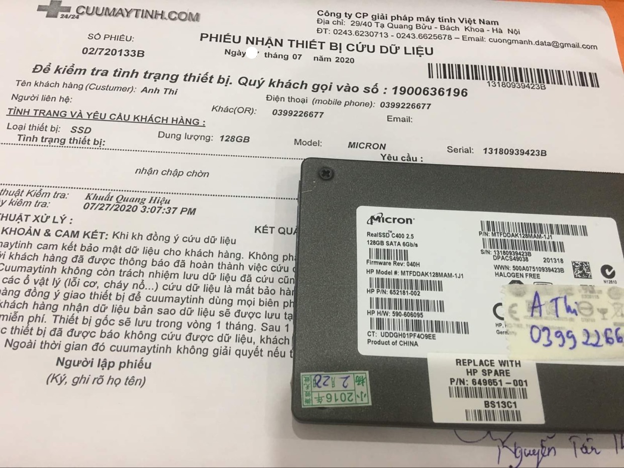 Khôi phục dữ liệu ổ cứng SSD Micron 128GB nhận chập chờn 29/07/2020 - cuumaytinh