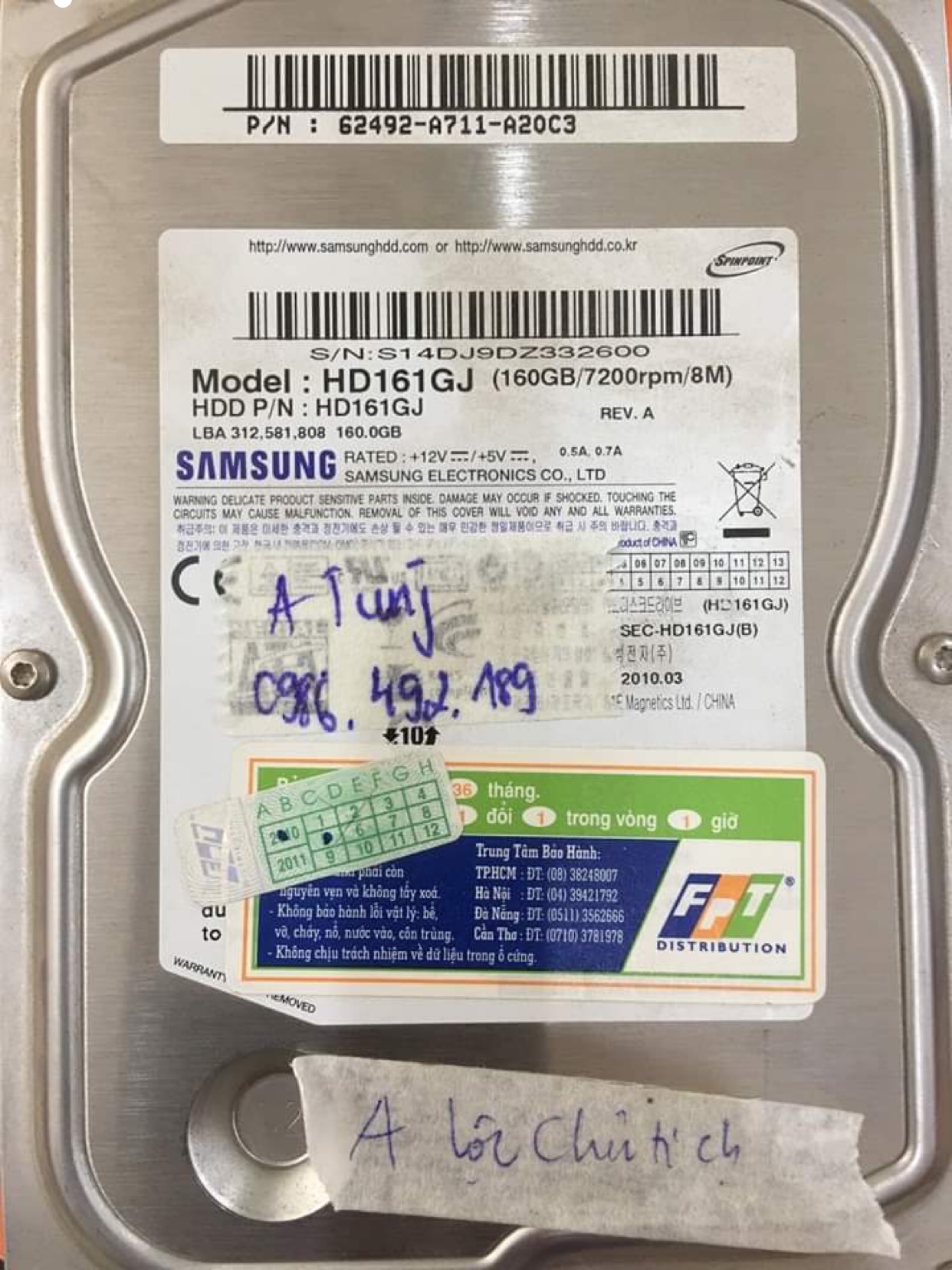 Khôi phục dữ liệu ổ cứng Samsung 160GB mất dữ liệu 17/08/2020 - cuumaytinh