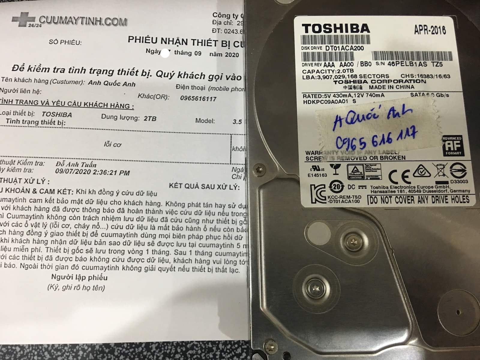 Cứu dữ liệu ổ cứng Toshiba 2TB lỗi cơ 09/09/2020 - cuumaytinh