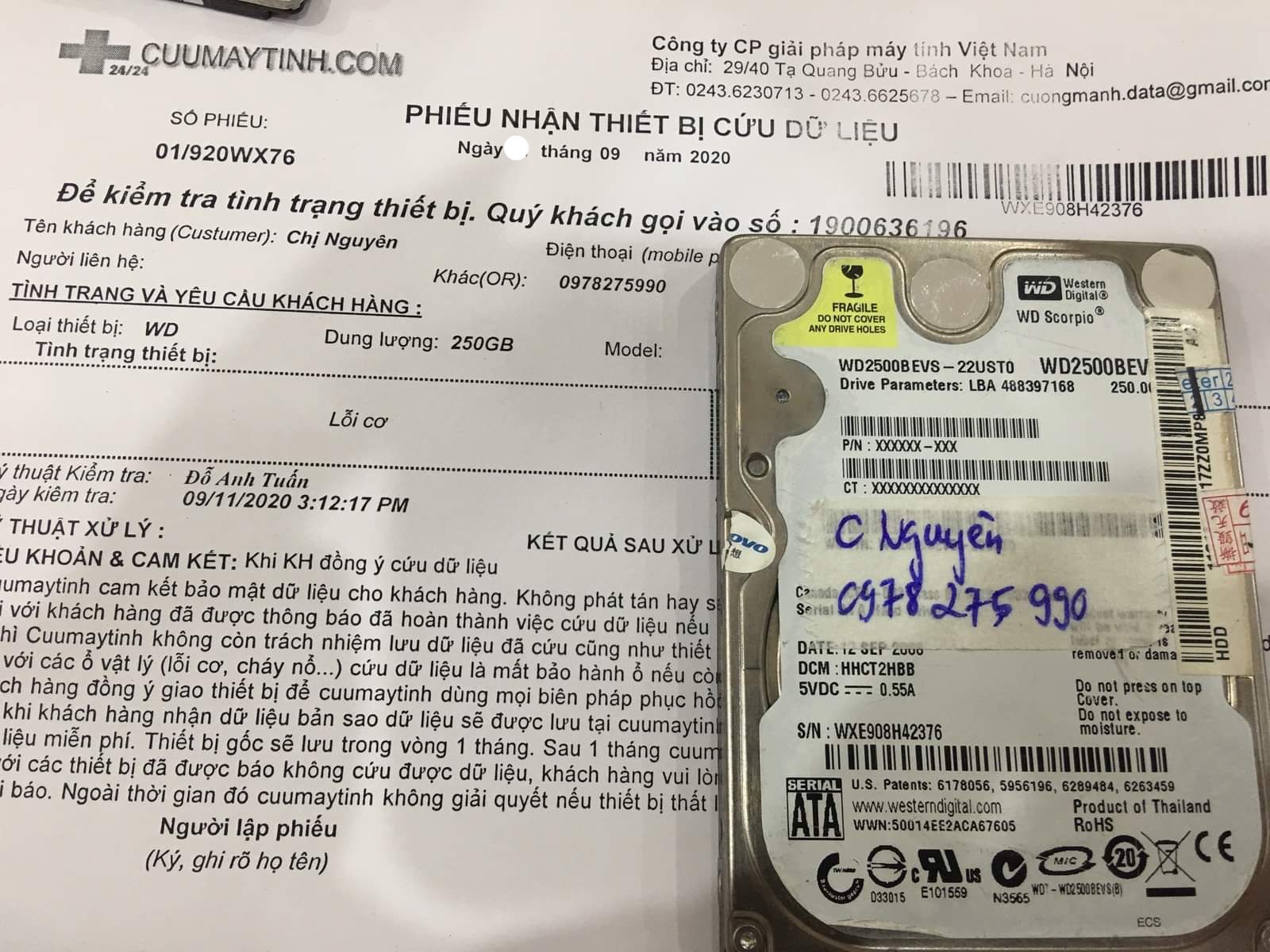 Cứu dữ liệu ổ cứng Western 250GB lỗi cơ 19/09/2020 - cuumaytinh