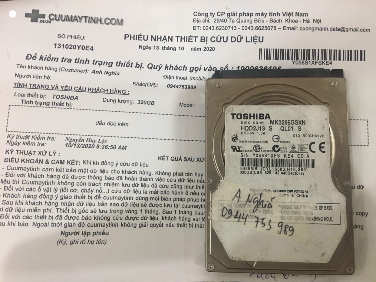 Phục hồi dữ liệu ổ cứng Toshiba 320GB đầu đọc kém13/10/2020 - cuumaytinh