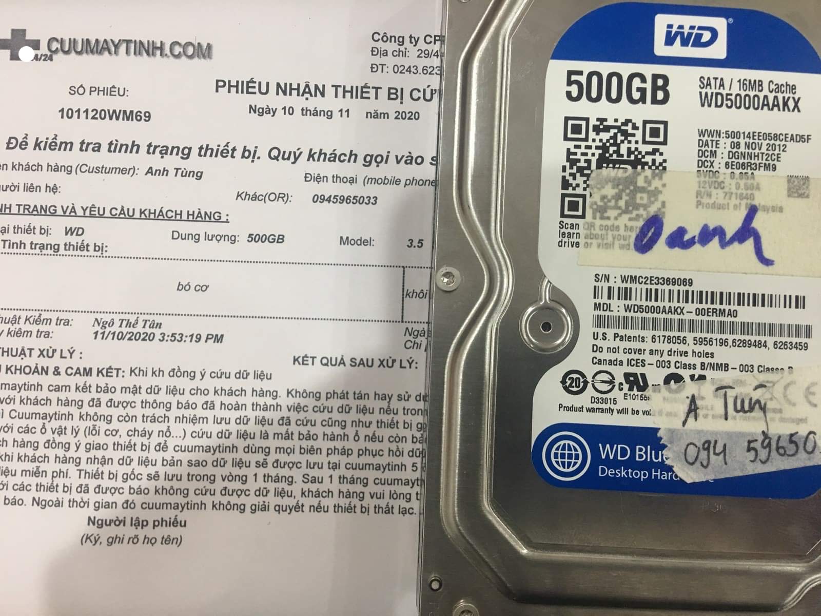 Khôi phục dữ liệu ổ cứng Western 500GB bó cơ 10/11/2020 - cuumaytinh