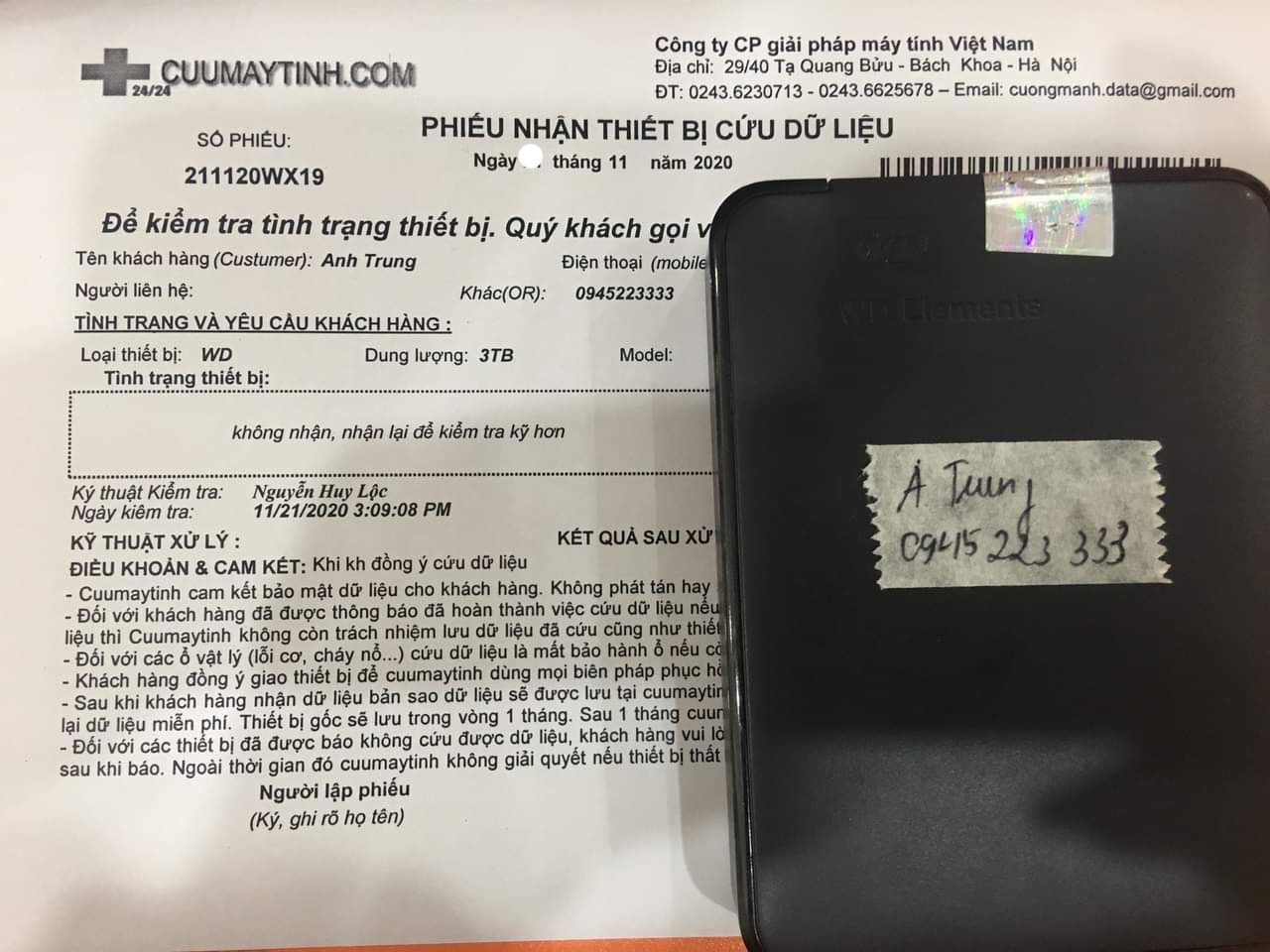 Lấy dữ liệu ổ cứng SSD 240GB không nhận tại Hà Tĩnh - 23/11/2020 - cuumaytinh