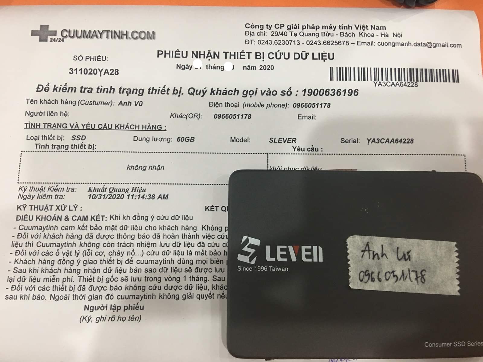 Lấy dữ liệu ổ cứng SSD Slever 60GB không nhận 04/11/2020 - cuumaytinh
