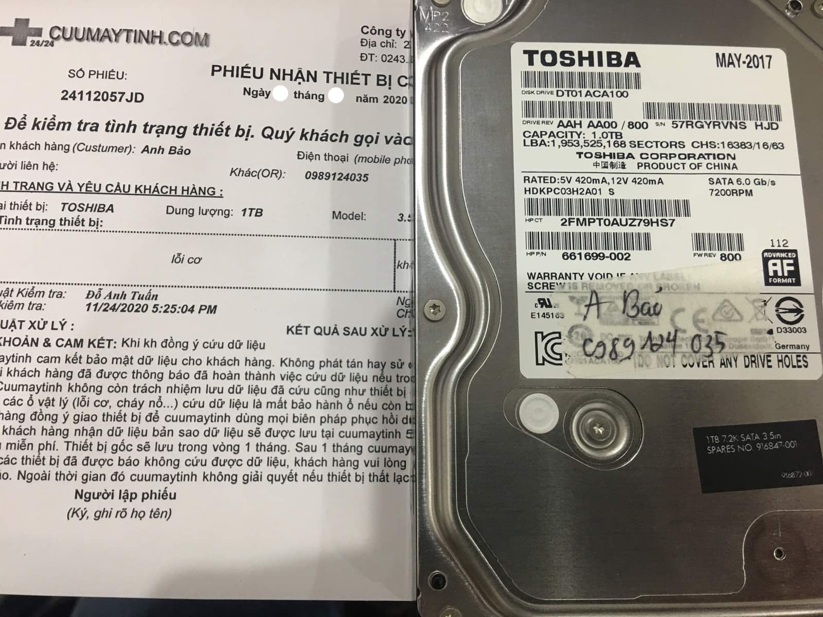 Cứu dữ liệu ổ cứng Toshiba 1TB lỗi cơ - 10/12/2020 - cuumaytinh
