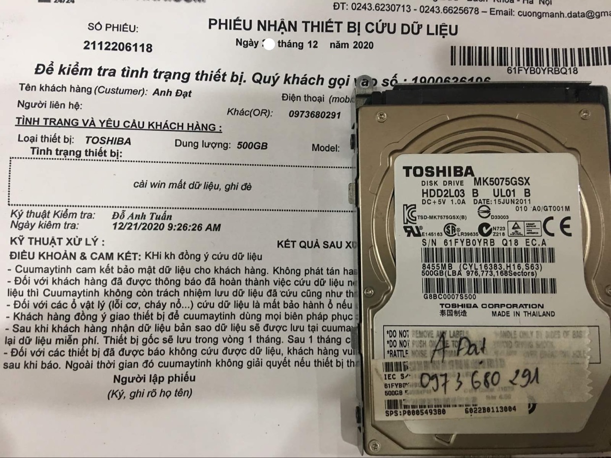 Cứu dữ liệu ổ cứng Toshiba 500GB mất dữ liệu - 23/12/2020 - cuumaytinh