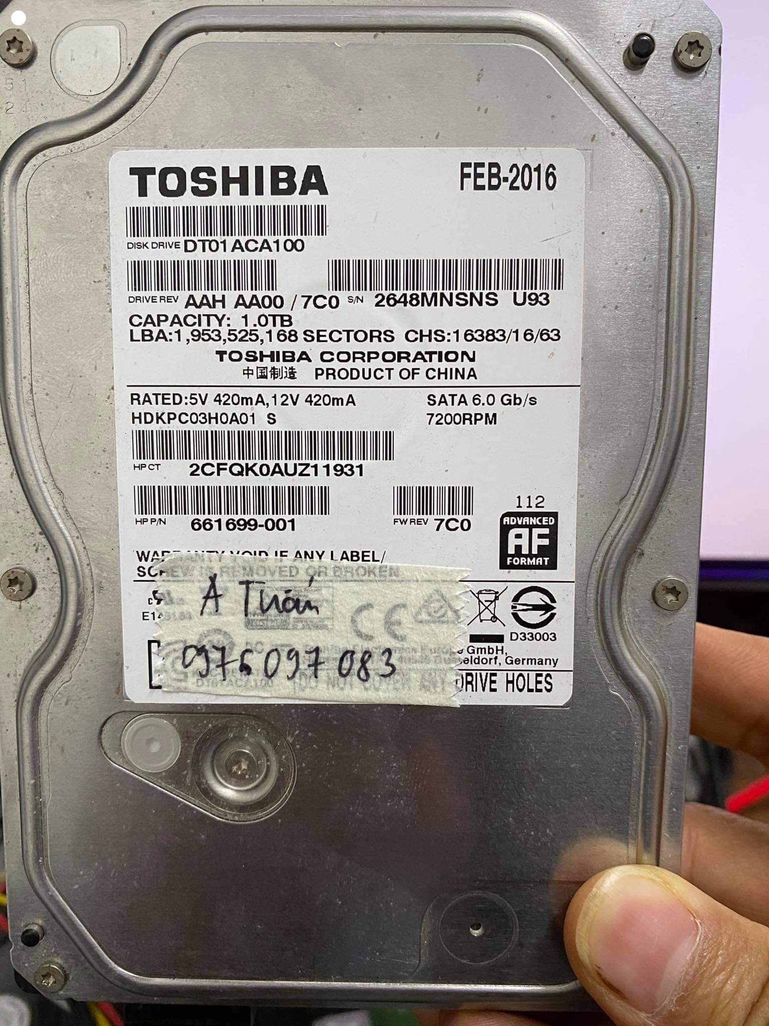 Khôi phục dữ liệu ổ cứng Toshiba 1TB lỗi đầu đọc - 08/12/2020 - cuumaytinh