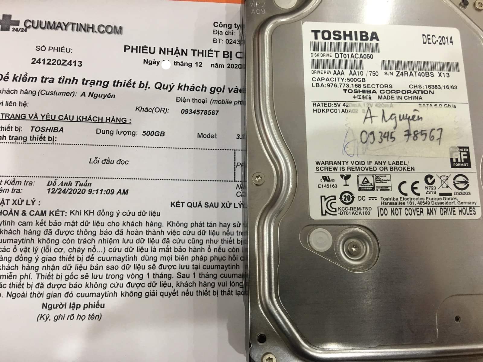 Lấy dữ liệu ổ cứng Toshiba 500GB lỗi đầu đọc - 25/12/2020 - cuumaytinh