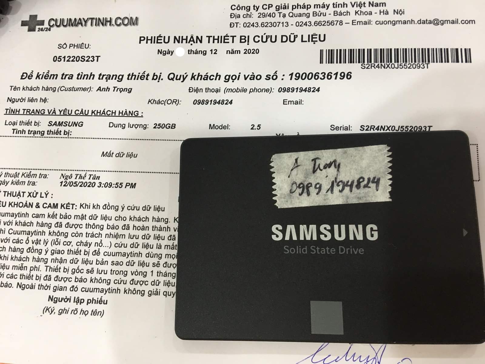 Phục hồi dữ liệu ổ cứng SSD Samsung 250GB mất dữ liệu - 04/12/2020 - cuumaytinh
