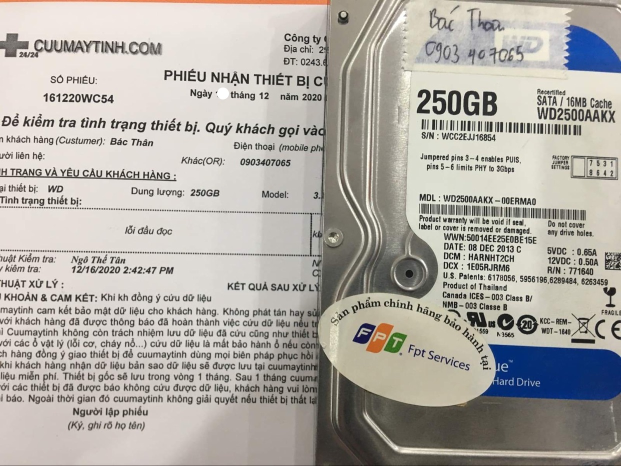 Phục hồi dữ liệu ổ cứng Western 250GB lỗi đầu đọc - 17/12/2020 - cuumaytinh