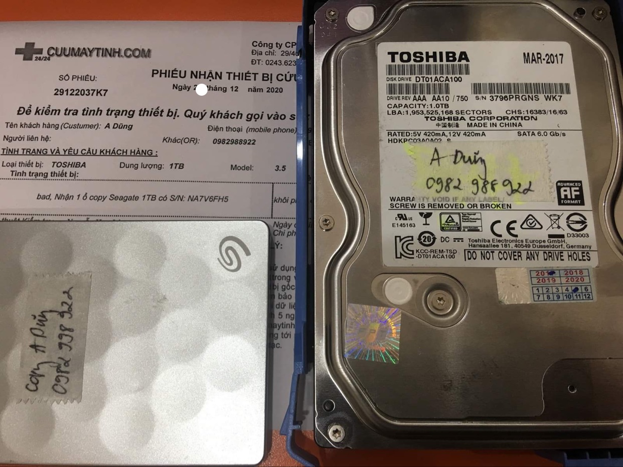 Cứu dữ liệu ổ cứng Toshiba 1TB bad - 30/12/2020 - cuumaytinh